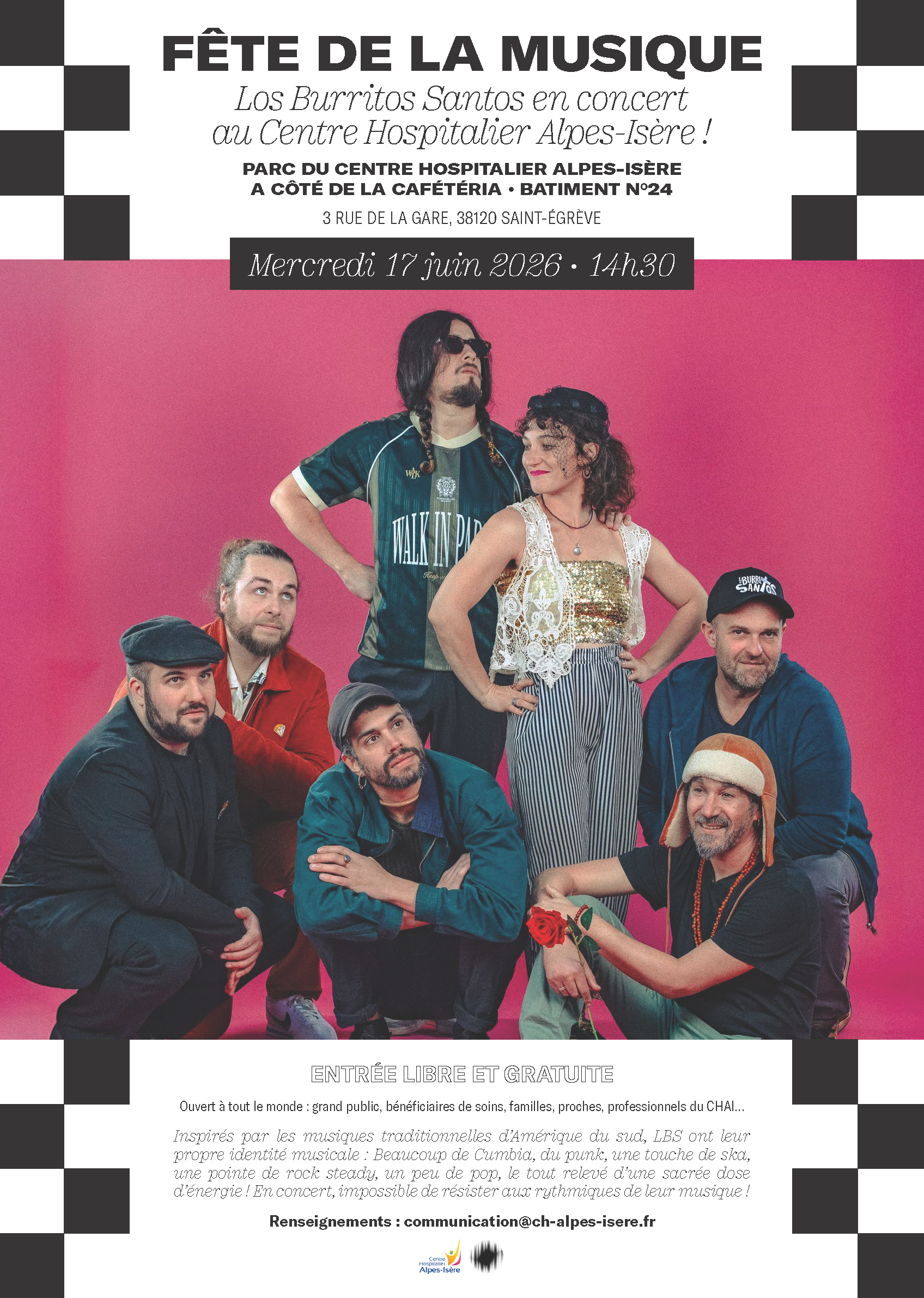 Fête de la Musique au Centre Hospitalier Alpes-Isère, en partenariat avec la Belle Electrique Concert du groupe "Los Burritos Santos" le mercredi 17 juin 2026 à 14h30 dans le parc du Centre Hospitalier Alpes-Isère à Saint-Égrève.